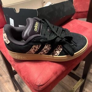 adidas Women's Black with Tan Leopard-Print Stripes Court Sneaker